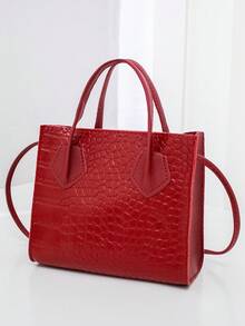 女士时尚百搭仿鳄鱼纹压花单肩手提包 - 酒紅色 - 查看 2