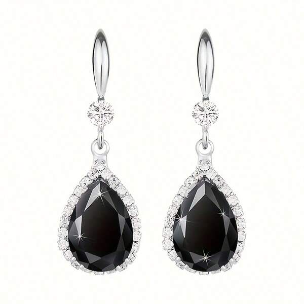 1 Pair S925 Sterling Silver Synthetic Cubic Zirconia & Black Oxidized Zirconia Teardrop Pendant Earrings, High-Quality Jewelry Gift For Women, Low Allergy