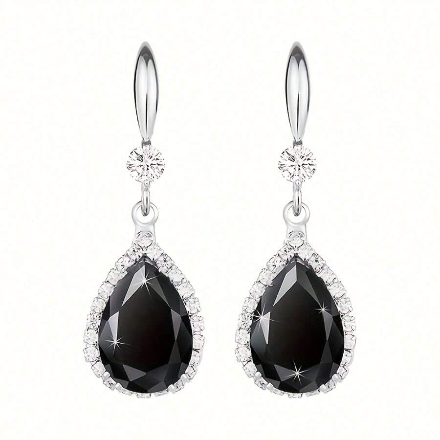 1 Pair S925 Sterling Silver Synthetic Cubic Zirconia & Black Oxidized Zirconia Teardrop Pendant Earrings, High-Quality Jewelry Gift For Women, Low Allergy