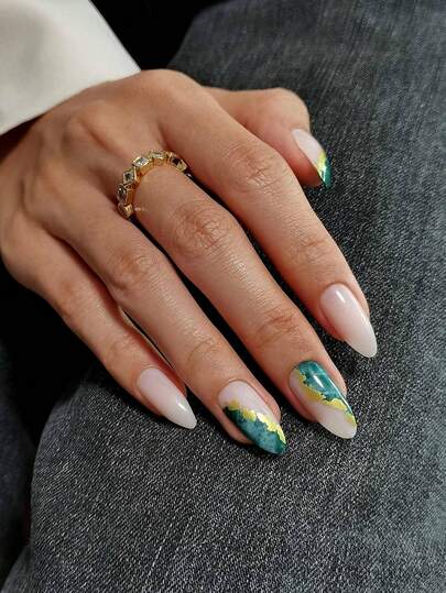 24-Piece Nail Set, Nail Art Supplies, Halloween Nails, Christmas Nails, Press-On Nails, Long Almond-Shaped Press-On False Nails - New Year And Spring-Summer Fashion, Green Ink Floral Chinese-Style Pattern With Gold Accents, Removable And Reusable, Press-On Nails