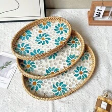 1件/3件椭圆形藤制贝壳托盘套装，清新兰花花卉图案，适合客厅、餐厅、早餐、下午茶、派对装饰托盘，也适合桌面首饰、香水、花瓶装饰 - 藍色 - 查看 4
