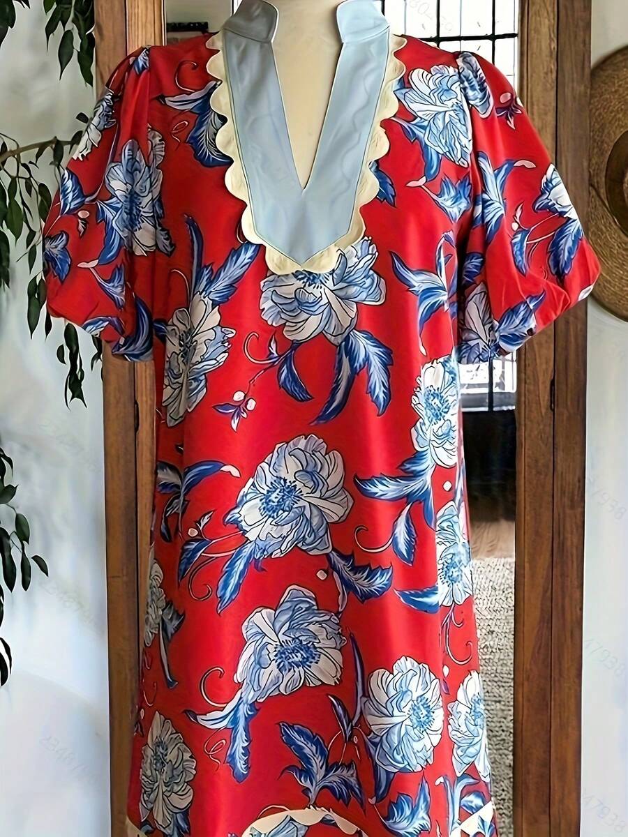 1 PCS Women'S Floral Print Red & Blue/White Color Block Dress With Scallop Trim Detail, Puff Sleeves, V-Neckline & Elastic Cuff - Knee-Length Casual Summer Dress For Adults, Floral Print Dress, Casual Attire, Offshoulder Design, Smooth Texture - 混合顏色 - 查看 1