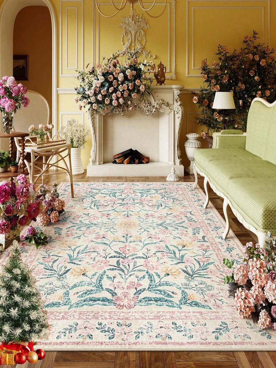 1pc Bohemian Modern Paris Garden Floral Carpet, Suitable For Living Room, Non-Slip Rust Red Printed Vintage Farmhouse Rug, Suitable For Bedroom, Dining Room, Dorm, Office, Home Decor - Hồng - Xem 1