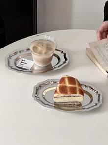 1 khay vành hình bầu dục bằng thép không gỉ, đĩa tráng miệng phong cách cổ điển cho trà chiều, bánh ngọt và đồ ngọt - Bạc - Xem 4