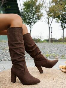 Fall/Winter Women's Fashion Pointed Toe Pleated High Heel Boots - Coffee Brown - View 3