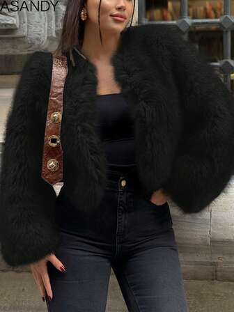 Women's Round Neck Loose Short Faux Fur Fashion Casual Jacket
