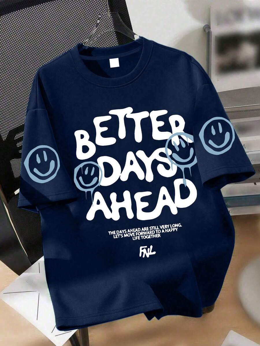 1 buah Kaos Lengan Pendek Anak Laki-laki dengan Tulisan Inspiratif, Nyaman dan Bernapas, Pakaian Kasual untuk Musim Panas - Navy Blue - View 1