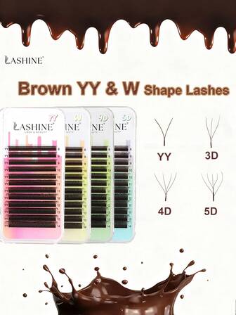 LASHINE 1box 12Rows Brown YY & W Shaped 2D 3D 4D 5D W Natural Soft Automatic Flowering D 0.07mm 8-14mm Clover Eyelashes Premade Fans Eyelashes Extensions