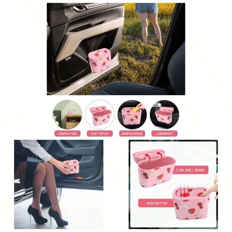 Car Trash Can With Lid U2013 Cute Floral Trash Can Women, Automotive Garbage Bin With 5 Bags, Organizer Front And Back, Girly Car Accessories SUV, Truck, Sedan, Teen - Pink - View 1