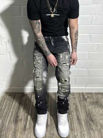 Men's Skinny Ripped Jeans, Stretch Denim Pants With Flared Leg, Frayed Hem, Cotton Fabric, Side Pockets, Casual & Versatile