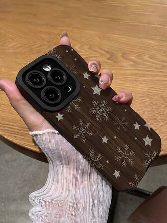 1pc Minimalist Winter Woodgrain Snowflake Vertical Striped High-End Faux Leather Shockproof Anti-Fingerprint Phone Case, Suitable As Birthday, Holiday Gift For Friends, Family, Couples, Compatible With Apple And Models