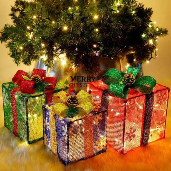 Christmas Lighted Gift Boxes Decorations, Suitable For Decorating Christmas Parties, Holiday Celebrations, Indoor Fireplace, Home Garden, Lawn, Anniversary Events, Etc, Tri-Color Butterfly Festival Design Snowflake Present Boxes, Great Gift For Holidays