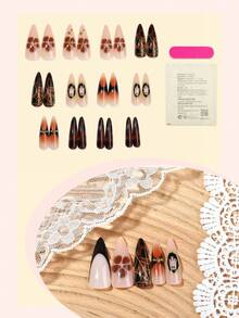 24Pcs Leopard Print Fine Tip Press On Acrylic Nail Art Tips, Punk Style Brown And Nude False Nail Tips 3D Set With Brown Flowers, Ghosts And Gold Beads Decorations, Suitable For Girls And Women's Nail Art Supplies Daily Wear And Holiday Party Decoration Gifts