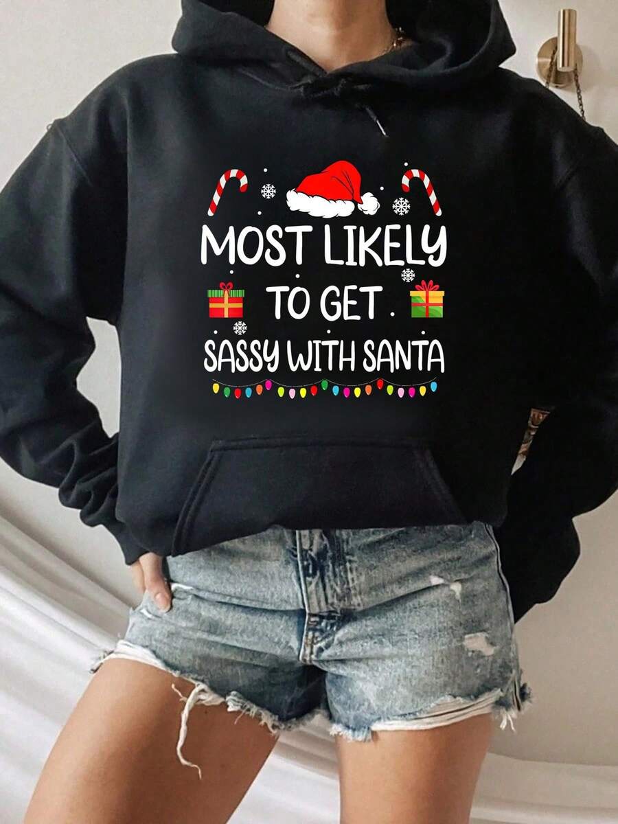Most Likely To Get Sassy With Santa Funny Family Christmas Hooded Sweatshirt - Black - View 1