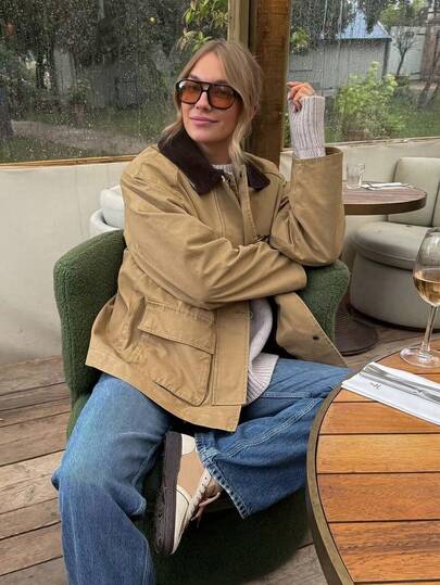 Cazadora con solapas sobredimensionadas, acolchada, con bolsillos y manga larga, de estilo casual para otoño e invierno