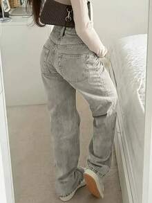 少女雪花水洗休闲牛仔裤 - 灰色 - 查看 4