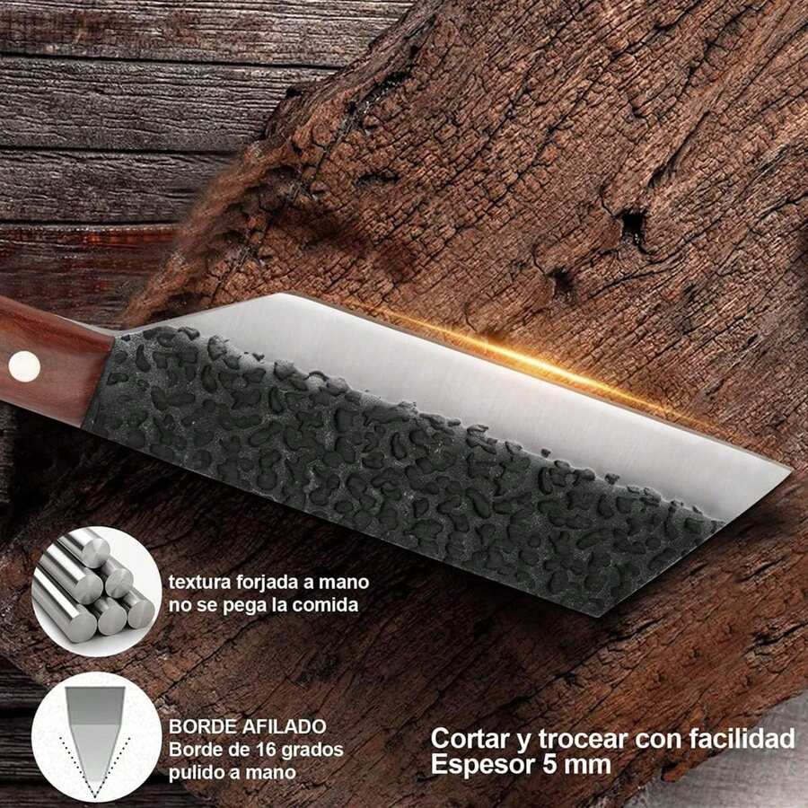 Cuchillo Vikingo martillado, Cuchillo Carnicero Forjado A Mano Con Vaina, Cuchillos Chef De Cocina, Acero De Alto Carbono, Aplicar Para Hogar, Camping, Barbacoa, Restaurante, Corte De Carne - Marrón Y Negro - Ver 1
