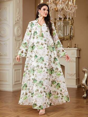 Elegant Floral Print Woven Fabric Fringe Dress, Suitable For Holidays, Weddings, Vacations, All Seasons