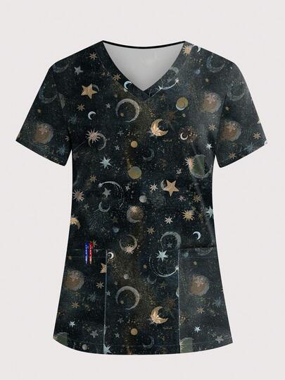 cimmuovere Plus Size Women's V-Neck Short Sleeve Star Print Multi-Pocket Scrubs Nurse Scrubs Workwear Dentist Healthcare Pet Hospital Laboratory Scrub Uniform