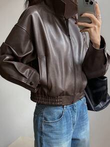 Mujeres Retro Suelta Cremallera Corta Solapa Chaqueta de cuero, Abrigos casuales de manga larga para otoño e invierno, chaquetas de mujer - Marrón - Ver 3