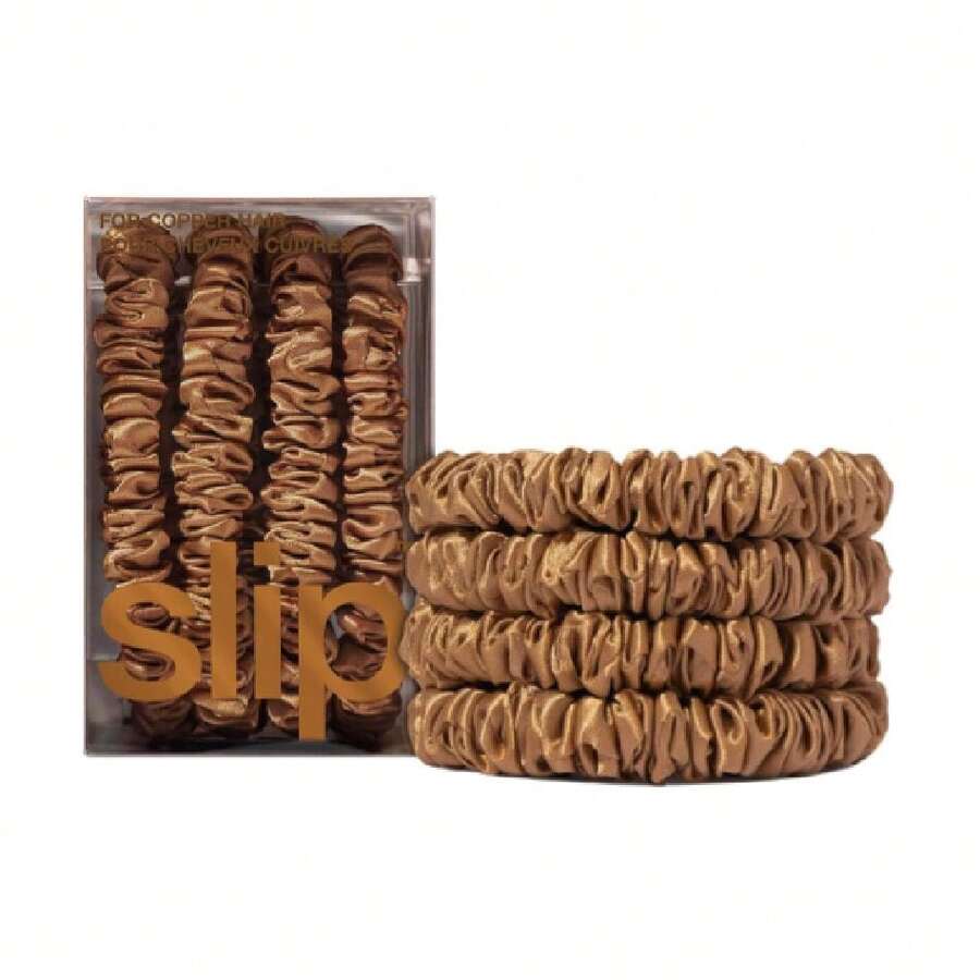 Slip Silk Skinny Scrunchies - Copper | Set Of 4 Skinny Scrunchies | 00% Mulberry Silk, Anti-Crease, Gentle On Hair, Reduces Breakage | Stylish & Durable, Ideal For All Hair Types,25221325 - 中紫紅色 - 查看 1