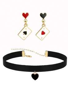 3pcs Women Fashion Asymmetric Heart & Playing Card Pendant Necklace Choker Set - Multicolor - View 12
