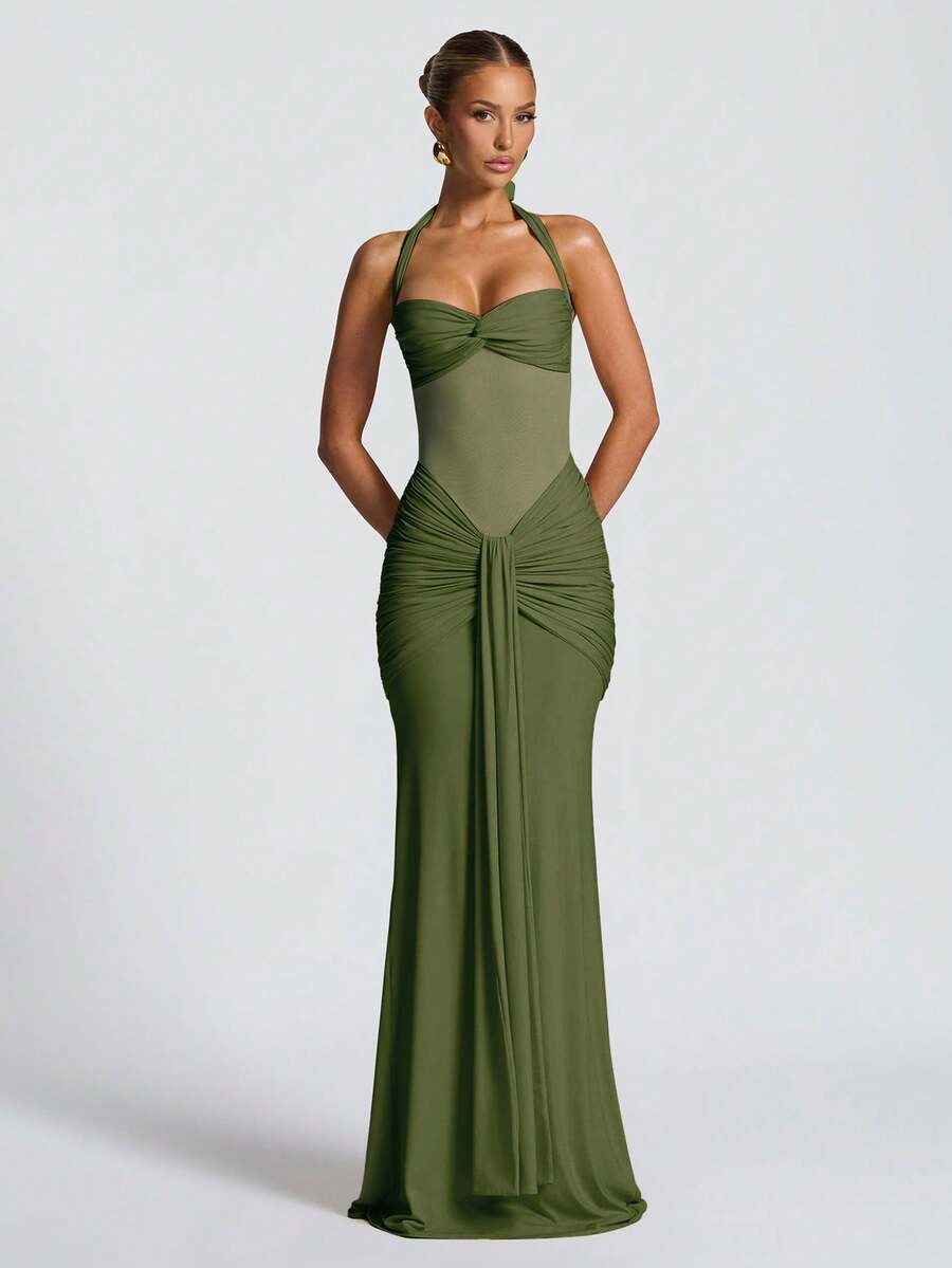 Sexy Spaghetti Strap Backless Waist Cinched High Slit Dress, Mesh Patchwork Vacation Party Dress Wedding Spring - Olive Green - View 1