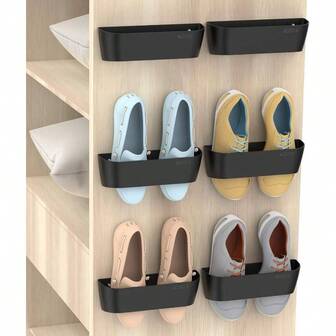 Wall Mounted Shoes Rack 6Pack With Sticky Hanging Strips, Plastic Shoes Holder Storage Organizer, Door Shoe Hangers SM03 - Black - 6