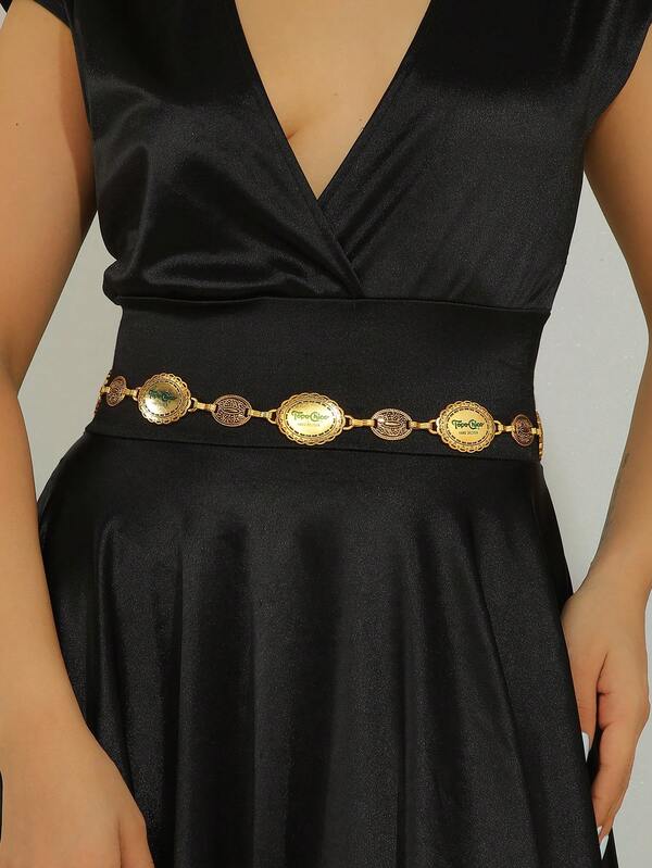 Western Cowgirl Metal Concho Adjustable Oval Chain Waist Belt - Boho Vintage Country Rhombus Pattern Zinc Alloy Waist Chain, All Season