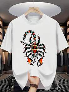 Camiseta gráfica de escorpión de moda de verano para hombres - Casual de poliéster de manga corta con cuello redondo, diseño de impresión vibrante, lavable a máquina, patrón de letras - Blanco - Ver 6