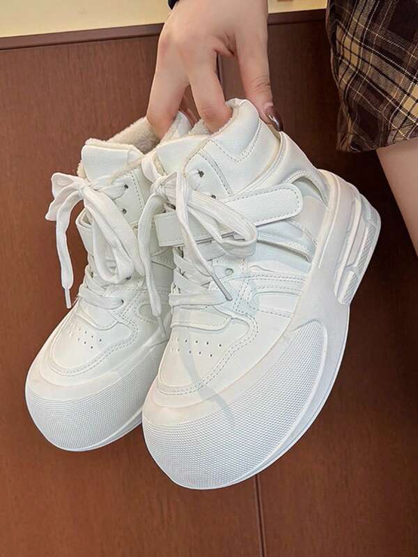 Tênis Casuais de Cano Alto com Sola Grossa para Mulheres, Branco, Forro Quente Grosso, Design Minimalista, Tira com , Adequado para Outono/Inverno