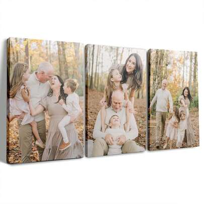 Juego de 3 piezas de arte de pared en lienzo personalizado con marco de madera de pino - Impresiones de fotos familiares personalizadas para sala de estar, dormitorio, oficina en casa - Regalo para cumpleaños, aniversario, Navidad - Juego de regalo de retrato familiar, recuerdos de boda, hogar estético, tríptico