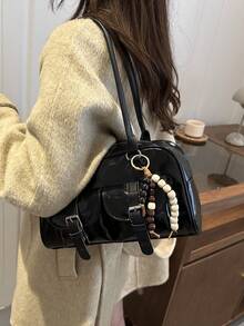 1pc Minimalist Retro Zipper Tote Bag, Decorated With Pockets, Dual Handles, Suitable For Women's Casual Daily Commute - Black - View 4