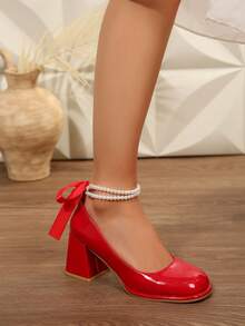 Women's High Heels, Round Toe, Thick Heel, Pearl Buckle, Bow At The Back Of The Shoe, Solid Color Design, Simple Style, Elegant And Unique, Gorgeous And Comfortable, Suitable For Attending Dances, Banquets, And Daily Commuting. - Đỏ - Xem 5