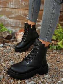 Women's Black Thermal Lined Boots, Thick Sole Lace-Up Ankle Boots, Warm Winter British Style Boots, Metal Eyelet Lace-Up Mid-Calf Boots - Black - View 5