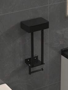 1pc Modern Design Style Wrought Iron Wall Mount Towel Rack With Storage Box - Multi-Function No Punching Bathroom Organizer For 4 Large Towels, Towel Bar/Paper Roll Holder/Phone Holder, Home Decor Accessory, Black