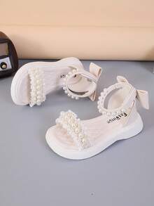 1 Pair Girls Lace Bow Decor Princess Style Flat Sandals With Open Toe, Comfortable For Summer Event - Beige - View 3