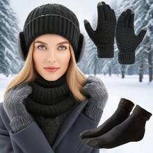 7-Piece Winter Warmth Set - Knitted Hat, Thickened Gloves, 2-Layer Fleece Earmuffs, And Snow Socks, Suitable For Outdoor Exploration - Dark Grey - View 2