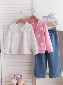 3pcs/Set Young Girl Floral Applique Cardigan Jacket, Long Sleeve Blouse & Straight Leg Pants, Suitable For Daily, Spring Outing, Commute, Outdoor, Vacation, Photography, Picnic, School