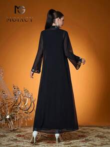 Mgiacy-Pop，新品上市，立领阿拉伯传统长袍转印设计长袖雪纺中东长袍（不含内衬）