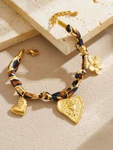 1 Multicolor Leopard Print Ribbon Knotted Bracelet Gold-Plated Retro Heavy Industry Sun Heart Flower Pendant Pendant For Women's Bracelet