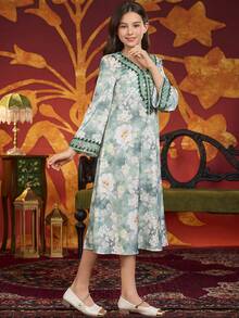 女童及女士串珠花卉印花宽松长裙，高端优雅风格，春夏款 - 彩色 - 查看 6