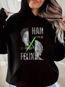 Bluza z kapturem i krótkim rękawem z nadrukiem Han i , z okrągłym dekoltem i wzorem, damska i męska - Czarne - Zobacz 1