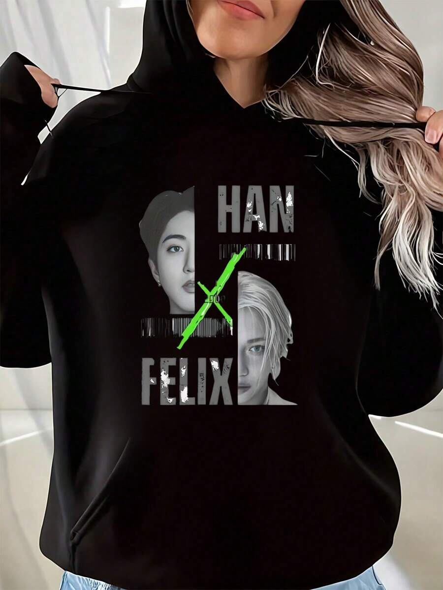 Bluza z kapturem i krótkim rękawem z nadrukiem Han i , z okrągłym dekoltem i wzorem, damska i męska - Czarne - Zobacz 1