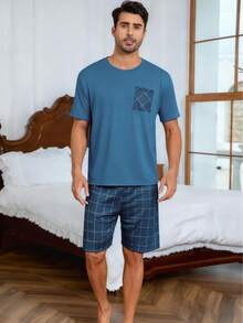 2 件套大码男士休闲宽松格子短袖上衣和抽绳短裤睡衣套装，适合春夏季家居服