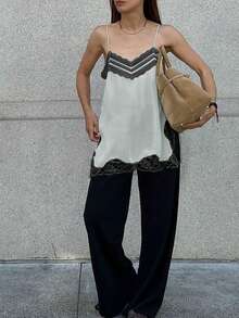 Lace Trim Cami Top For Women, Sleeveless Spaghetti Strap Tank, Elegant Summer Blouse - 彩色 - 查看 3