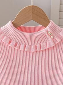 女童高领长袖毛衣，秋冬季休闲珍珠针织汗衫 - 粉色 - 查看 3