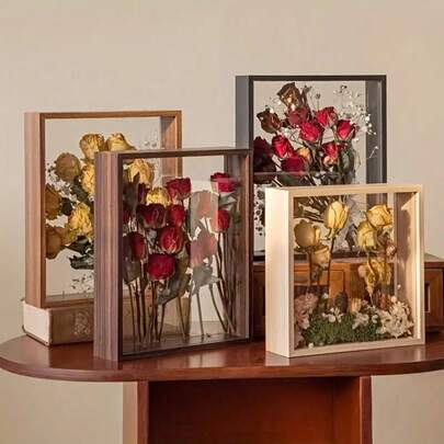 1pc Double-Sided Hollow Wooden Acrylic Photo Frame - 6x8/8x10 Inch 3D Dried Flower Display Stand - Modern Wall/Desk Decor - Essential For Autumn Gallery Wall, Holiday Gifts, Office Upgrade, Home Decor, Minimalist Design Display