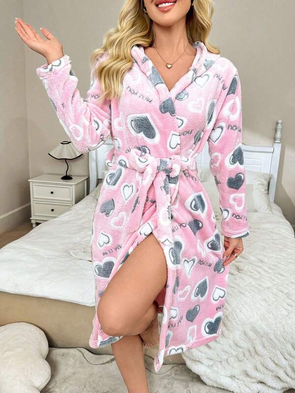 1pc Women's Heart Print Hooded Loungewear, Warm Long Sleeve Thick Casual Homewear With Buttons And Pockets, Suitable For Winter Outdoor Activities, Camping, Home, Bathroom, Living Room, Kitchen, Also Can Be Valentine's Day Gift