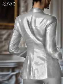 minisummmer Damen Frühling/Sommer Neue einfarbige Jacke mit Hemdkragen, Einzelreiher, Krokodilleder-Prägung aus PU-Leder, modisch & elegant, urbaner Chic Blazer Oberbekleidung für Geschäft, Party, Club, Musikfestival - Silber - Übersicht 2